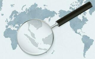 Asia centered world map with magnified glass on Singapore. Focus on map of Singapore on Pacific-centric World Map. vector