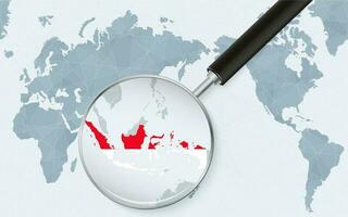 Asia centered world map with magnified glass on Indonesia. Focus on map of Indonesia on Pacific-centric World Map. vector