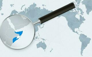 Asia centered world map with magnified glass on Somalia. Focus on map of Somalia on Pacific-centric World Map. vector