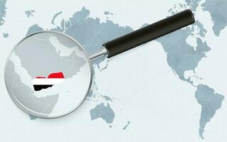 Asia centered world map with magnified glass on Yemen. Focus on map of Yemen on Pacific-centric World Map. vector