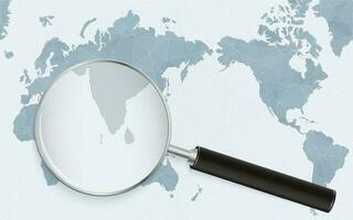 Asia centered world map with magnified glass on Maldives. Focus on map of Maldives on Pacific-centric World Map. vector