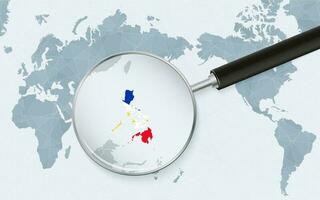 Asia centered world map with magnified glass on Philippines. Focus on map of Philippines on Pacific-centric World Map. vector