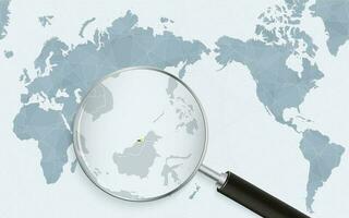 Asia centered world map with magnified glass on Brunei. Focus on map of Brunei on Pacific-centric World Map. vector