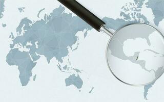 Asia centered world map with magnified glass on Belize. Focus on map of Belize on Pacific-centric World Map. vector