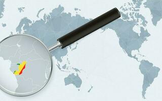 Asia centered world map with magnified glass on Congo. Focus on map of Congo on Pacific-centric World Map. vector