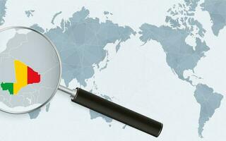 Asia centered world map with magnified glass on Mali. Focus on map of Mali on Pacific-centric World Map. vector