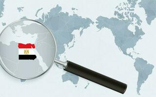 Asia centered world map with magnified glass on Egypt. Focus on map of Egypt on Pacific-centric World Map. vector