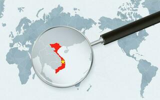 Asia centered world map with magnified glass on Vietnam. Focus on map of Vietnam on Pacific-centric World Map. vector