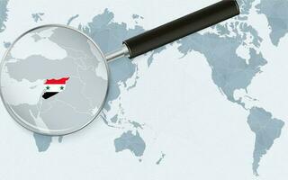 Asia centered world map with magnified glass on Syria. Focus on map of Syria on Pacific-centric World Map. vector