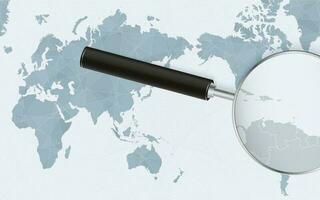 Asia centered world map with magnified glass on Grenada. Focus on map of Grenada on Pacific-centric World Map. vector