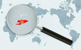 Asia centered world map with magnified glass on Kyrgyzstan. Focus on map of Kyrgyzstan on Pacific-centric World Map. vector