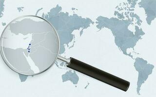 Asia centered world map with magnified glass on Israel. Focus on map of Israel on Pacific-centric World Map. vector