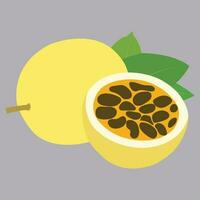 Yellow passion fruit with cut in half and green leaf. Vector art work.