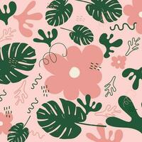 Trendy pink and green hand-drawn background with flowers vector