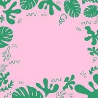 Trendy pink and green hand-drawn background template with leaves vector