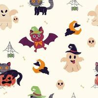 Seamless Pattern Halloween characters cat, ghost, bat vector