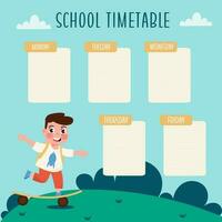 Flat template school timetable with a child riding a skateboard vector