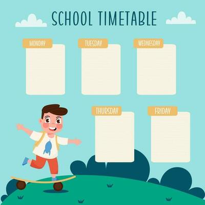 Flat template school timetable with a child riding a skateboard