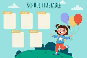 Flat template school timetable with a girl running with balls vector