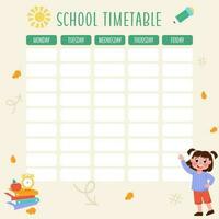 Flat back to school timetable with a child vector