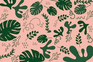Trendy pink and green hand-drawn background with leaves vector