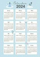 2024 table calendar week start on Sunday with cartoon that use for vertical digital and printable A4 A5 size vector