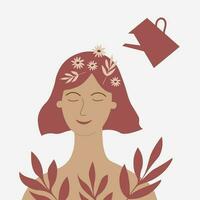 Mental health positive thinking as a way of thinking vector flat illustration. A woman is watering plants that symbolize happy thoughts. Psychology and lifestyle. Design element