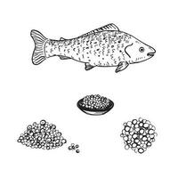 Caviar Salmon fish sturgeons hand drawn vector set. Black and white illustration of a heap of caviar, caviar in a plate, red fish. Design element of seafood and delicacy on isolated white background