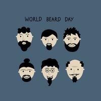 World Beard Day vector illustration for the holiday. Hand drawn different types of male faces with different beards. Design element for print, poster, banner, card, template for background