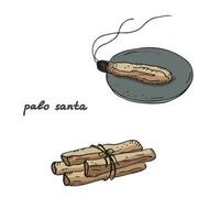 Palo Santo Aroma sticks of the sacred tree  from Latin America. A bunch of incense and a burning stick for fumigation and aromatherapy. Mystical symbol for spiritual practice vector illustration