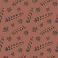Cinnamon sticks bark seamless pattern. Hand drawn brown spice on decorative ornament. Rolled cinnamons spicy seasoning condiment. Aromatic ingredient for cooking, backing. Backdrop vector illustration