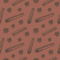 Cinnamon sticks bark seamless pattern. Hand drawn brown spice on decorative ornament. Rolled cinnamons spicy seasoning condiment. Aromatic ingredient for cooking, backing. Backdrop vector illustration