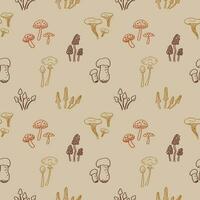 Mushroom Seamless pattern with mushrooms. Repeating background with fly agaric, fungus, boletus, forest motif for packaging, textile, print, template, card. Decorative ornament boho style hand drawn. vector