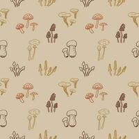 Mushroom Seamless pattern with mushrooms. Repeating background with fly agaric, fungus, boletus, forest motif for packaging, textile, print, template, card. Decorative ornament boho style hand drawn. vector