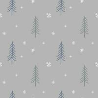 Christmas trees in forest and snowflakes from snow repeating seamless pattern winter decorative ornament. Hand drawn festive background for greeting card, textile, wrapping, template. Boho style vector