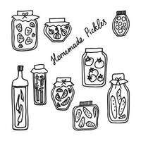 Homemade pickles vector illustration doodle hand drawn on an isolated white background with lettering. Seasonal cooking food concept, design element for background, template, card, banner, poster.