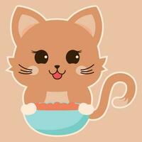 Cat with a full bowl of food sticker. Vector illustration