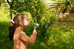 a girl with a pigtail blows soap bubbles on a sunny summer day photo