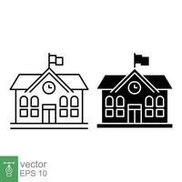 School building icon. Simple outline and solid style. Campus, college, university, schoolhouse, education concept. Thin line, glyph symbol. Vector illustration isolated on white background. EPS 10.