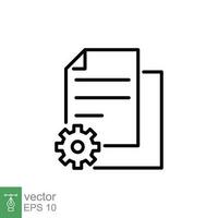 Data process icon. Simple outline style. Document file with gear, cog, program setting, application concept. Thin line symbol. Vector illustration isolated on white background. EPS 10.