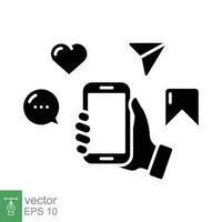 Hand holding phone with message, social media icon. Simple solid style. Hold smartphone, chat app concept. Black silhouette, glyph symbol. Vector illustration isolated on white background. EPS 10.
