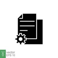 Data process icon. Simple solid style. Document file with gear, cog, program setting, application concept. Black silhouette, glyph symbol. Vector illustration isolated on white background. EPS 10.