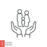 Family support icon. Simple outline style. Two hands protecting or giving aid to family, care, help concept. Thin line symbol. Vector illustration isolated on white background. Editable stroke EPS 10.