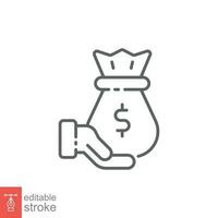 Money in hand icon. Simple outline style. Save dollar, cost, salary, price, donate, cash, business concept. Thin line symbol. Vector illustration isolated on white background. Editable stroke EPS 10.