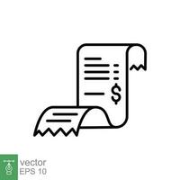 Cashier receipt icon. Simple outline style. Bill paper, invoice, expense, total payment, tax check, purchase concept. Thin line symbol. Vector illustration isolated on white background. EPS 10.