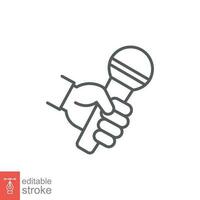 Hand holding microphone icon. Simple outline style. Interview, journalist, press media, reporter concept. Thin line symbol. Vector illustration isolated on white background. Editable stroke EPS 10.