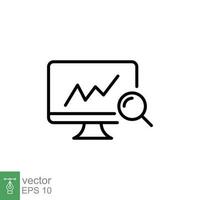 Data analytics icon. Simple outline style. Computer monitor screen with graph and magnifying glass, research concept. Thin line symbol. Vector illustration isolated on white background. EPS 10.