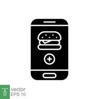 Fast food app icon. Simple solid style. Order burger online with mobile phone, smartphone, technology concept. Black silhouette, glyph symbol. Vector illustration isolated on white background. EPS 10.