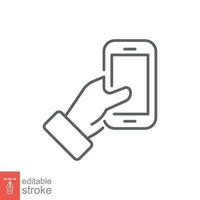 Hand holding phone icon. Simple outline style. Hand hold cell phone, smartphone device, technology concept. Thin line symbol. Vector illustration isolated on white background. Editable stroke EPS 10.