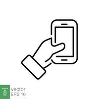 Hand holding phone icon. Simple outline style. Hand hold cell phone, smartphone device, technology concept. Thin line symbol. Vector illustration isolated on white background. EPS 10.